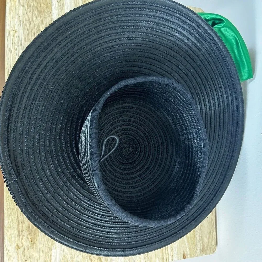Church Derby Hat Green Black Damask Wide Brim Rhinestone Trim Satin Bow